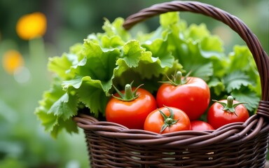 Fresh vegetable in wicker basket in garden. High quality
