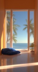 Obraz premium Blue Beanbag Chair by Window Overlooking Ocean, Representing Relaxation and Tropical Vacation Getaway, Ideal for Travel and Hospitality Marketing : Generative AI