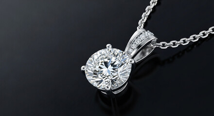 A close up of a diamond pendant with a silver chain on a dark background showing its brilliance