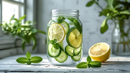 "Refreshing Lemon Cucumber Mint Detox Water, Healthy Summer Drink Mockup"

