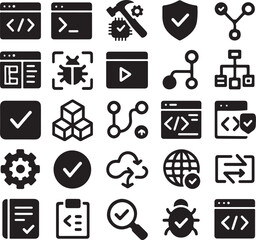 Collection of black flat icons representing software development concepts including code debugging security cloud services and project management tasks