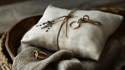 Rustic Wedding Still Life: Golden Rings on Linen Pillow with Lavender, a Celebration of Love and Commitment in Neutral Tones