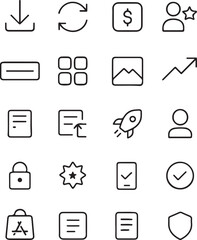 Collection of modern outline icons representing various digital actions and concepts including download refresh money user profile image chart document rocket lock star checklist and shield