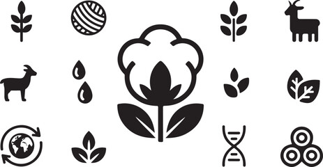 Collection of black icons representing organic materials sustainability and natural resources including cotton plants water drops yarn goats dna and recycling on a white background