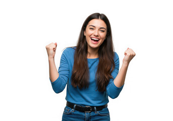 Excited woman with long hair celebrating with clenched fists on transparent background