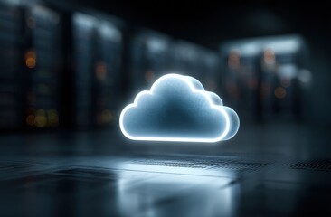 Glowing Cloud Symbol in Data Center, Representing Cloud Computing and Digital Transformation for Modern Technology Solutions : Generative AI