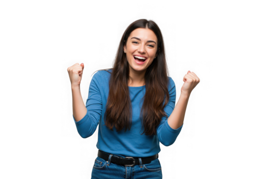 Excited woman with long hair celebrating with clenched fists on transparent background - Powered by Adobe