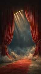 Dramatic stage entrance with red curtains and theatrical lighting highlighting a mysterious aura