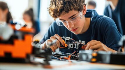 Focused boy working on a robot