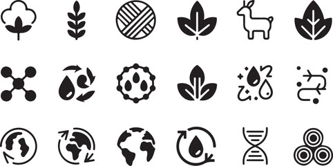 Collection of black and white icons representing natural materials sustainability and eco friendly concepts including cotton plant leaves water cycles and dna