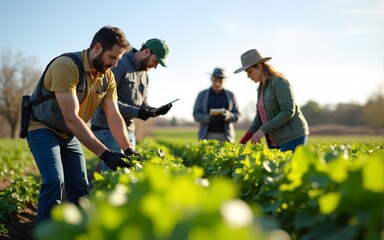 Inspectors examining crops in organic farm field, verifying certification standards. High quality