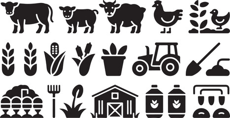 Collection of black farm icons including cows sheep chickens crops tractor barn shovel fork and milk jugs on a white background