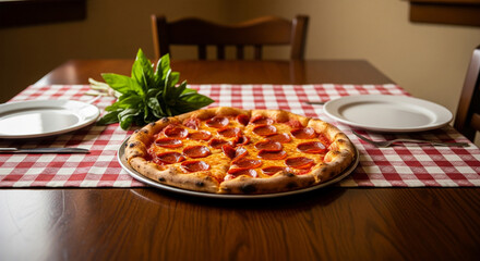 Delicious Italian pizza with melted mozzarella cheese and fresh tomato on a plate, ready for a tasty meal at a restaurant