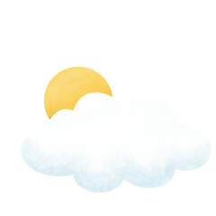 Watercolor Cloud and Sun, Simple Weather Icon, Isolated.