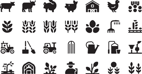 Collection of black farm and agriculture icons including animals plants tractor barn and farming equipment on a white background