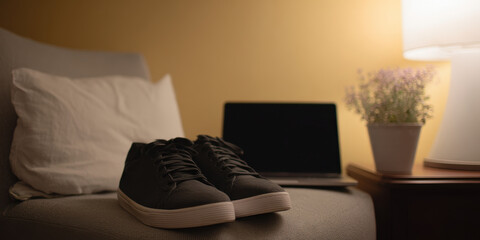 Cozy workspace with laptop and sneakers on chair near lamp