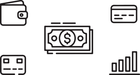 Collection of simple black outline icons representing financial elements including a wallet cash credit cards and a growth chart