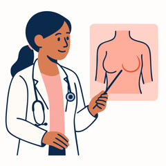 Vector illustration of a female doctor pointing at breast diagram.
