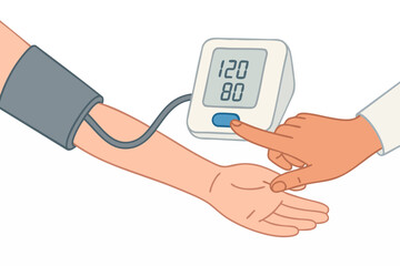 Vector illustration of a doctor measuring blood pressure on a patient’s arm.
