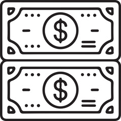 Stylized black and white outline icon representing two stacked dollar bills with a prominent dollar sign in a circle on each bill