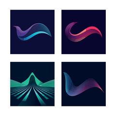 Set of 4 Minimalist Abstract Gradient Line Wave Posters on Dark Background