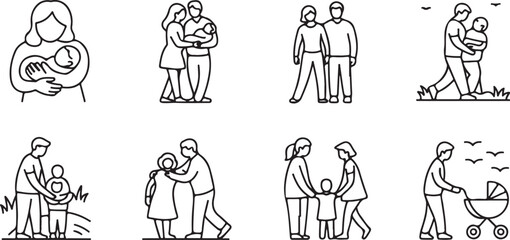 A collection of simple line art icons depicting various family moments including a mother holding a baby a couple with a newborn and parents with children of different ages
