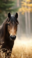 Majestic horse stands gracefully in a serene autumn landscape surrounded by soft golden grass and blurred trees