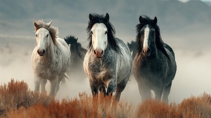 Wild horses galloping across the dusty plains in the early morning light, showcasing their strength and beauty in nature