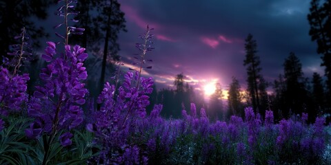 Beautiful purple flowers bloom under a dramatic sunset sky in a tranquil forest setting