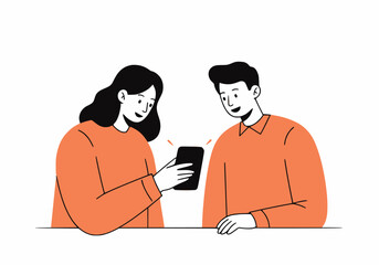 Fototapeta premium Colleague showing something on mobile to teammate, black outline and solid peach fill,white background.