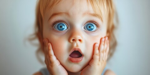 Child with blue eyes shows surprise while touching face in indoor setting during daytime