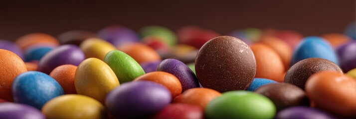 Colorful candy assortment featuring chocolate and colorful confections on a dark background