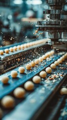 Candy production process showing balls being formed on a conveyor belt in a factory setting during daytime