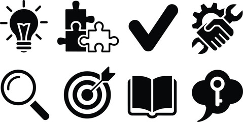 Fototapeta premium Black and white icons of lightbulb puzzle checkmark gear handshake magnifying glass target book key