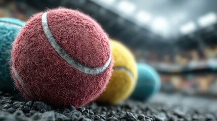 Colorful tennis balls scattered on a textured surface in a sports venue during a match