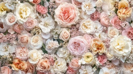 A beautiful close up of many roses in shades of pink, peach and white creating a floral background