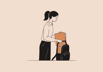 Woman putting files in backpack during lunch break, black outline and solid apricot fill,white background