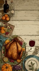 Festive dinner table with roasted turkey and seasonal fruits for a family gathering in fall