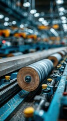 Wood processing line at a factory showing rolled wood and machinery in operation during daylight hours
