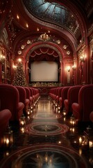Elegant vintage theater adorned for the holidays with Christmas tree and soft lighting in a cozy atmosphere