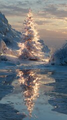 Winter landscape featuring a glowing Christmas tree by a serene frozen lake at sunset
