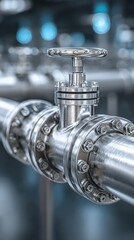 Modern industrial pipe valve placed in a manufacturing facility showing intricate details and machinery background