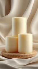 Elegant display of three creamy candles on a woven plate against luxurious silk fabric background