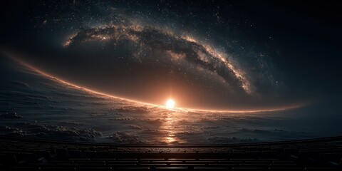 Giant galaxy rises over distant horizon in stunning cosmic view with vibrant colors at sunrise