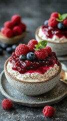 Delicious chia pudding topped with raspberry and blueberry compote on a dark rustic table
