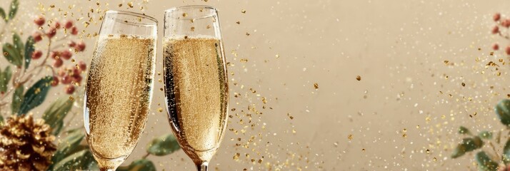 Champagne glasses toasting amid golden confetti at a festive celebration