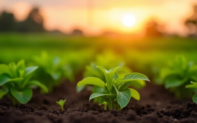 A vibrant scene of fresh green crops growing in rich soil under a golden sunset, embodying the beauty of agriculture and nature. High quality