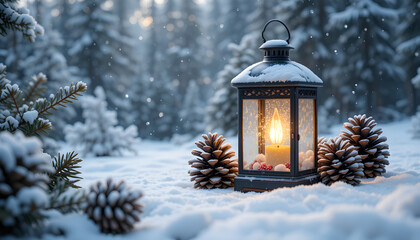Snowy winter lantern pine cones