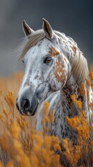 Majestic spotted horse amidst vibrant autumn yellow flowers in a serene landscape