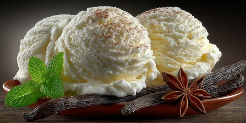 Delicious creamy vanilla ice cream served with mint leaves and star anise on a wooden table